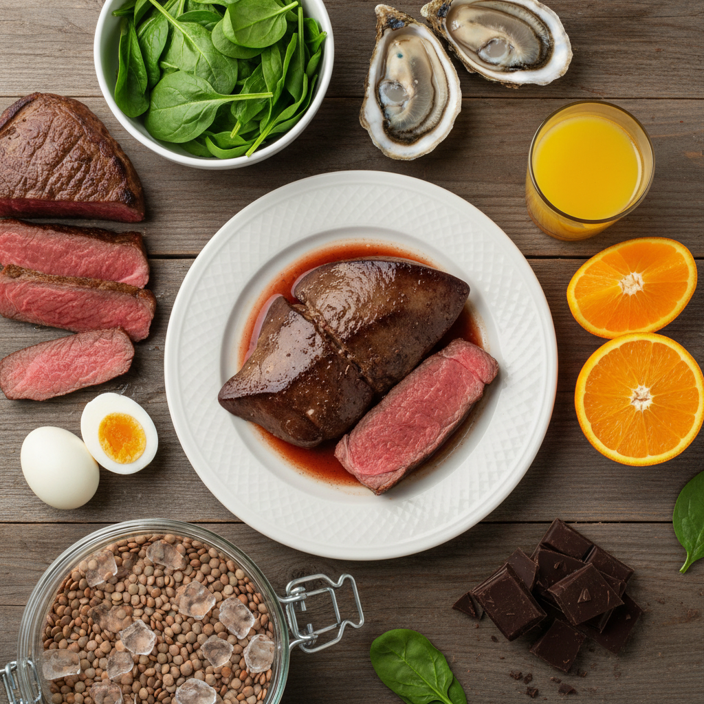 Продукты с высоким содержанием железа для восстановления после донорства: печень, говядина, шпинат, устрицы