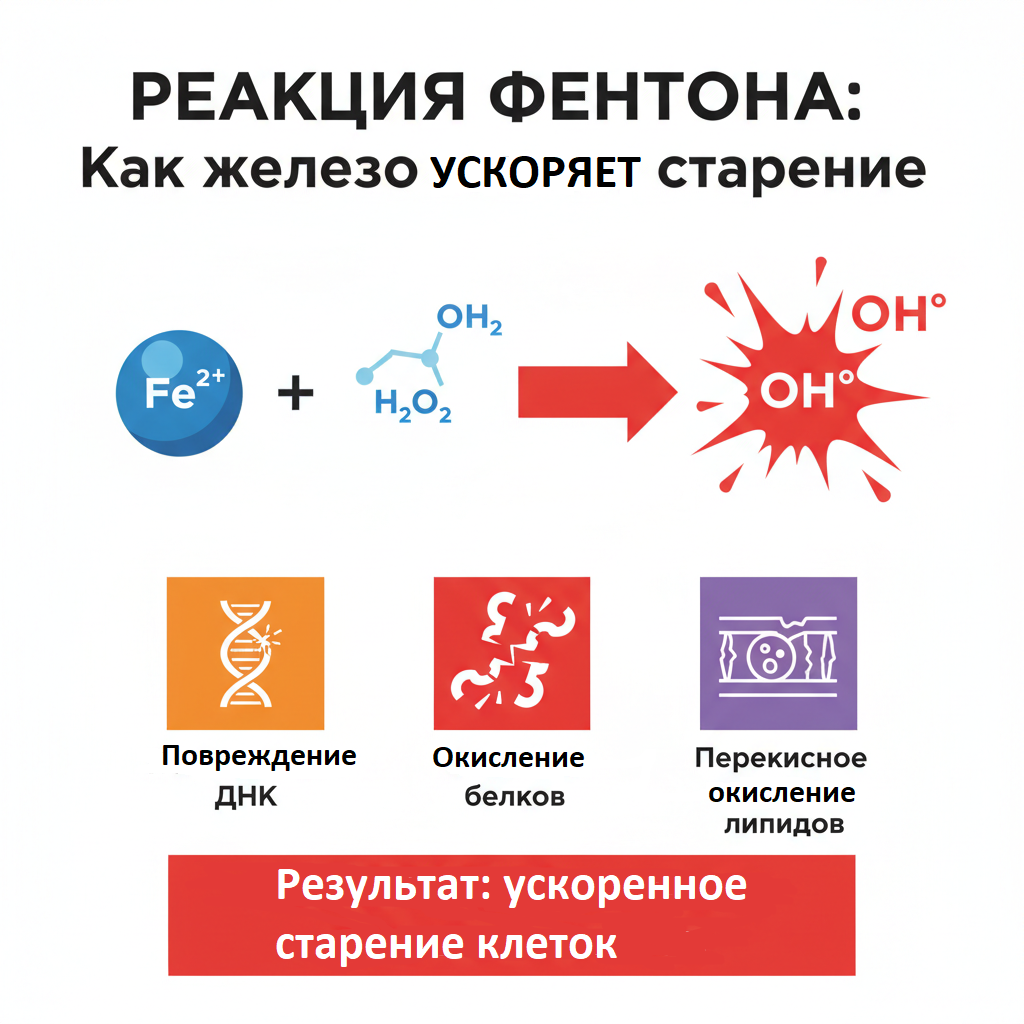 Схема реакции Фентона: ион железа Fe2+ и перекись водорода образуют гидроксильные радикалы вызывающие окислительный стресс и повреждение ДНК
