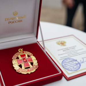 Золотой нагрудный значок Почетный донор России с красным крестом в подарочной коробке и удостоверением донора СССР