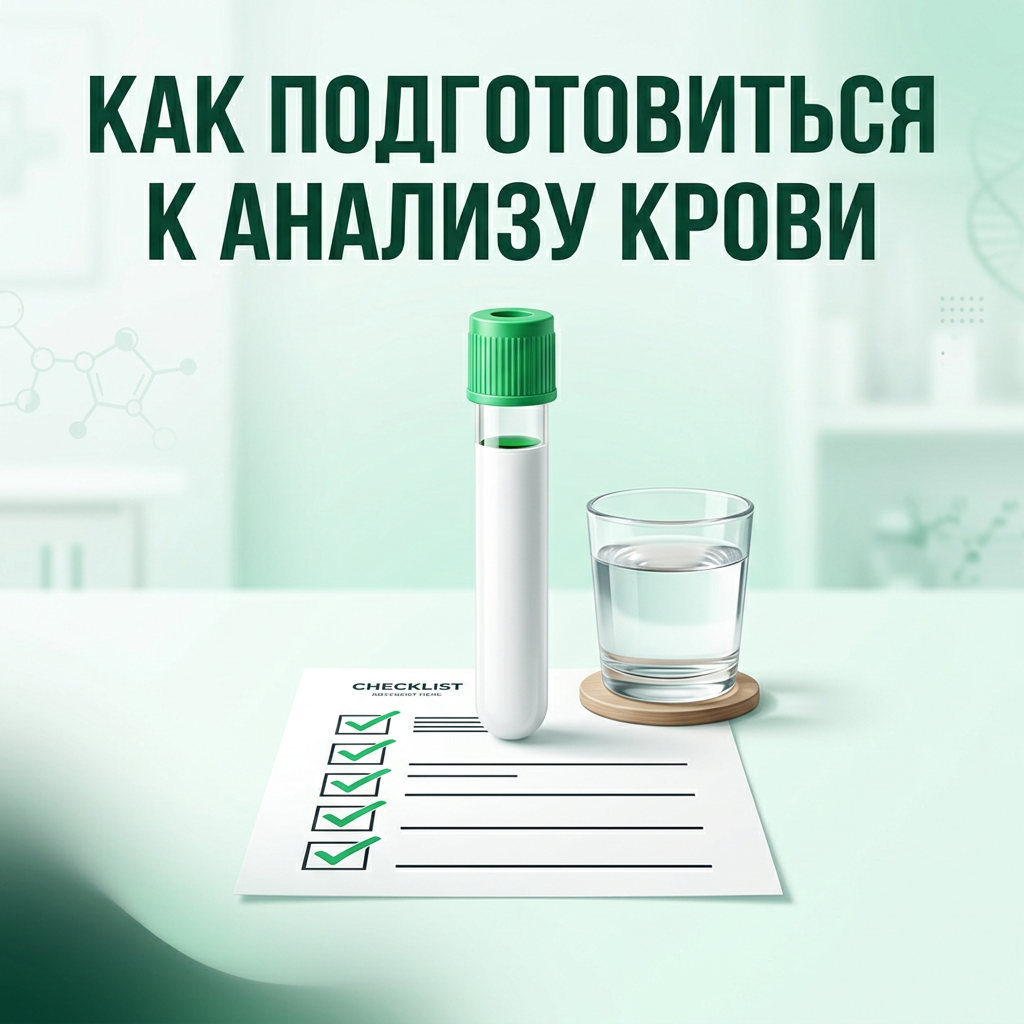 Как подготовиться к анализу крови: белый лабораторный тюбик, вода и чеклист на зелёном фоне