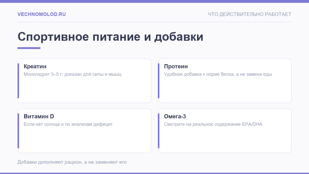 Спортивное питание и добавки: креатин, протеин, витамин D и омега-3