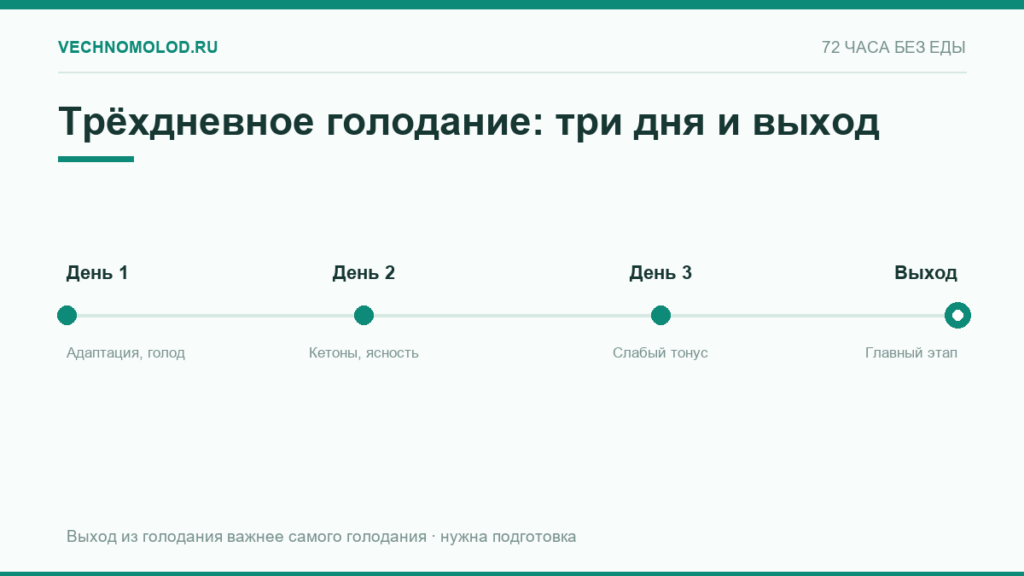 Схема трёхдневного голодания: день 1, день 2, день 3 и правильный выход