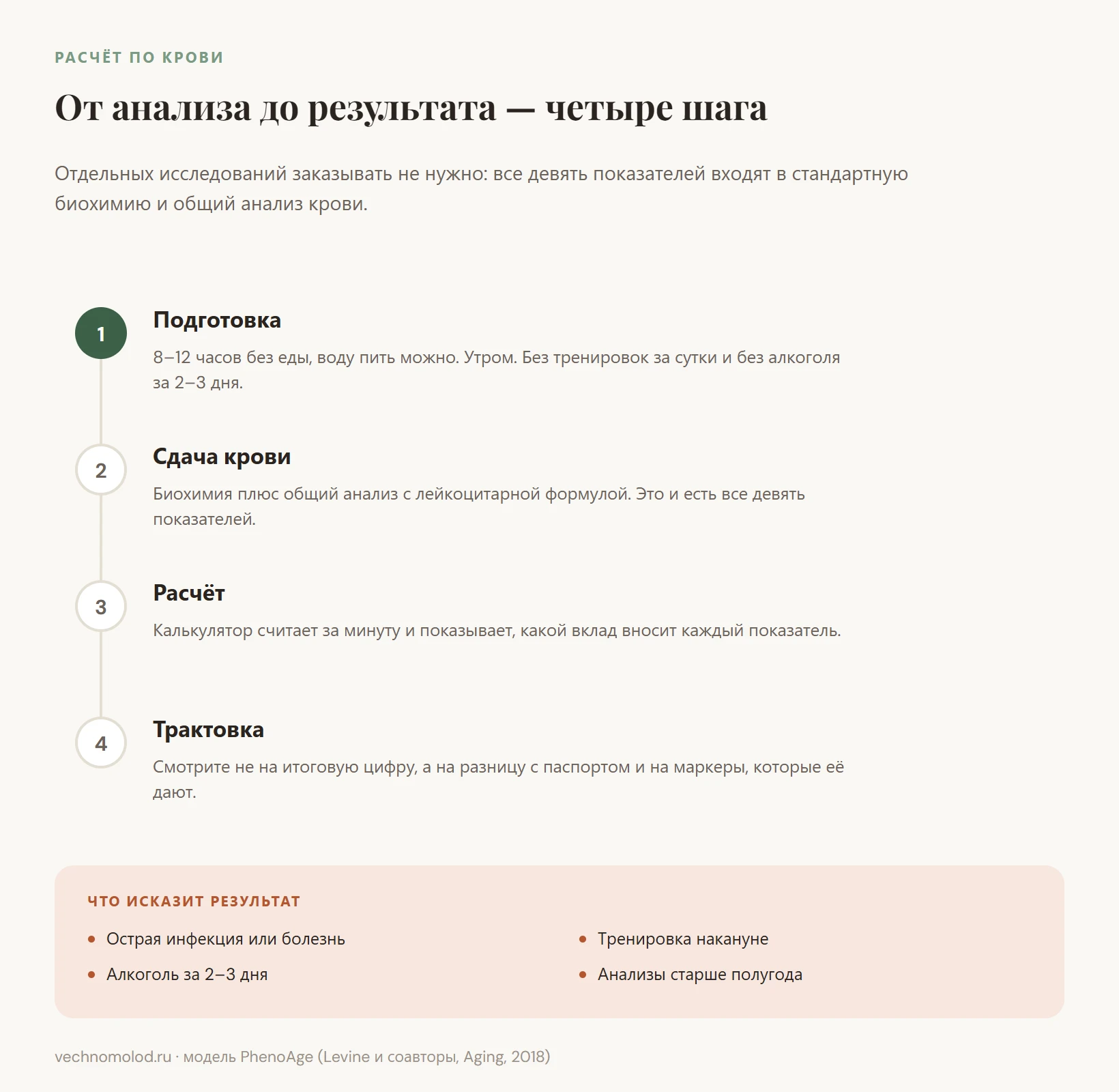 Инфографика: четыре шага расчёта биологического возраста по анализам крови — от подготовки до трактовки результата