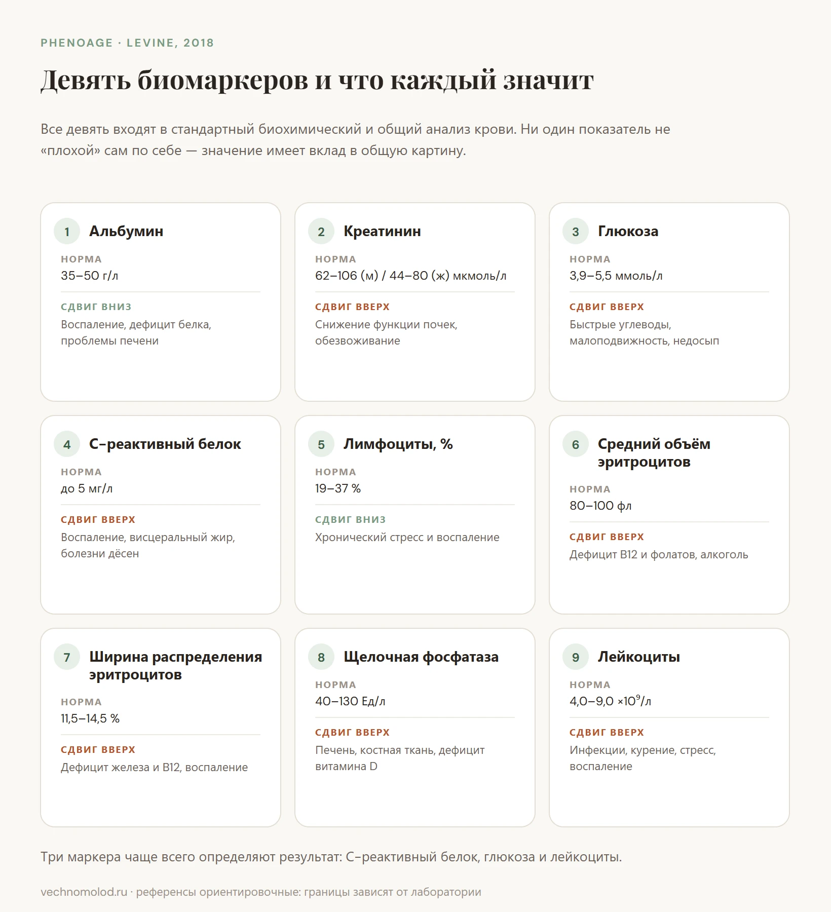 Инфографика: девять биомаркеров PhenoAge с нормами и факторами, которые сдвигают каждый показатель